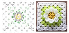 編み図:かぎ針編みの四角モチーフ 6 (3Dフラワー)How to Crochet Motif pattern