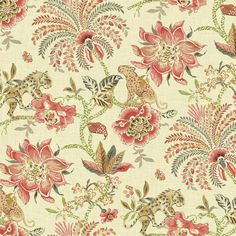 Wallpaper Designer Turquoise Blue Cream Tan Green Brown Magnolia Branch on Coral