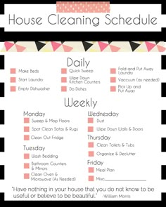 Would like to make my variation of this. Think it's great to have a breakdown instead cleaning the house in one day. Easier to with lil one! Cleaning Schedule Printable, House Cleaning Tips, Organizing Your Home, Spring Cleaning