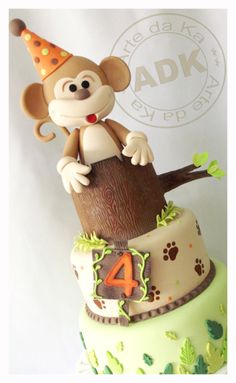 ND3 Monkey hanging Zoo Party personalised round birthday cake topper icing