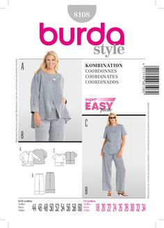 Veste /& Pan... BURDA femmes tailles plus facile sewing pattern 8108 Haut Décontracté