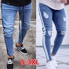 CBTLVSN Mens Stylish Jeans Punk Ankle-Zip Destroyed Slim Fit Denim Pants
