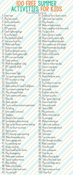 100 Free Summer Activities for Kids, Awesome List of things to do this summer! Great Ideas for Family Fun, Free Printable Summer Chart keep the family happy Free Summer Activities, Things To Do