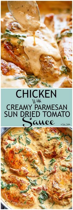 Chicken with Creamy Sun Dried Tomato Parmesan Sauce - Cafe Delites Chicken Recipes, Chicken Dishes, Chicken Dinner Recipes, Chicken Dinner, Parmesan Sauce, Parmesan Crusted, Tuscan Chicken