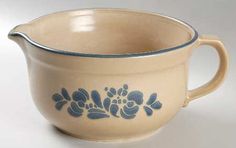 mixing bowls,earth-tone and blue,10 and 8 across,stoneware,made in USA,serving,farm house Pfaltzgraff,Folk Art pattern,1980/'s pattern, 2