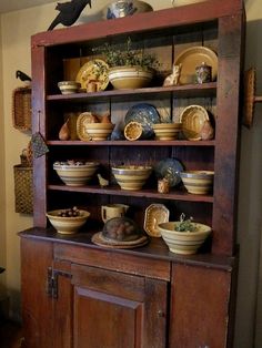 Primitive Hutch Full Of Yellow Ware Primitive Hutch Full Of Yellow Ware