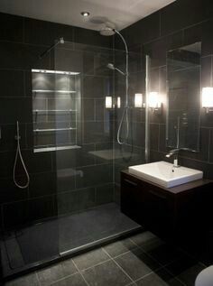 Interior Black Tile Bathroom sooo moody love the high polish of tiles is key to reflect our black tiled bathroom