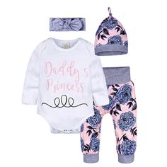 4Pcs Newborn Infant Baby Boy Girl Funny Saying Long Sleeve Romper Tops Rainbow Print Pants Headband Hat Set