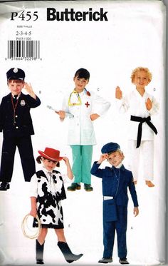 child doctor police man karate cowgirl train conductor butterick p455 6755 sewing pattern halloween costume by