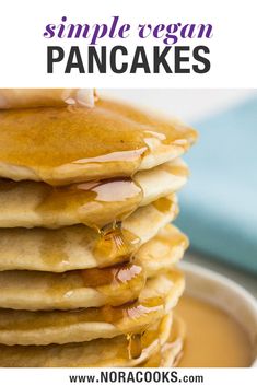 Simple vegan pancakes with only 6 ingredients, 1 bowl and 10 minutes. So fluffy, light and perfect for weekend breakfasts! #vegan #plantbased