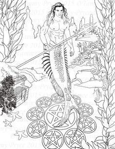 Fantasy Merman Adult Coloring Page Digi Stamp Instant Download Printable PDF