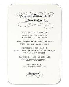 wedding menu card tea length calligraphy style with custom formal menu cards