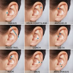 Répertoire des piercing d'oreille les plus courants : piercing daith, rook , tragus, hélix, industriel,...Quelques idées pour les piercing à l'oreille ! Ear Piercing Diagram, Ear Piercings Cartilage, Cartilage Ear, Anti Tragus Piercing, Ear Piercings Chart, Types Of Ear Piercings, Ear Peircings