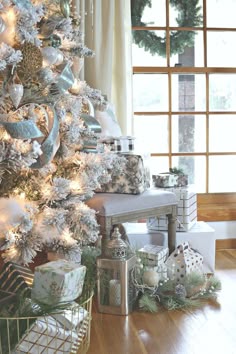 christmas tree flocked farmhouse modern ribbon tour presents room living trees gray thecreativityexchange ornaments decor decorating decorated holiday du