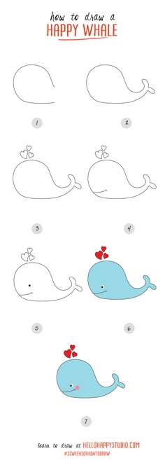 How to Draw a Happy Whale | #52WeeksOfHowToDraw | hellohappystudio.com Гриффонаж, Милые Рисунки, Искусство Для Детей, Надписи От Руки, Легкие Рисунки, Детское Искусство, Уроки Рисования, Научиться Рисовать, Drawing Lessons