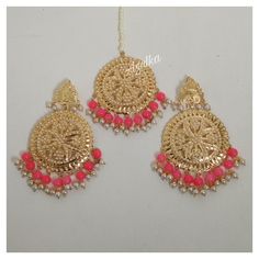 Indian Mang Tikka combo set High quality brass with polki and white danglers Round stud earrings with Maang tikka Bollywood Tikka B4