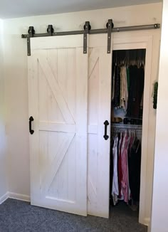 This Single Track Bypass Barn Door Hardware Kit allows two doors to over-lap each other so they are basically always connected, but one door can slide in front Barn Door Closet, Barn Door Track, Barn Door Kit, Diy Barn Door, Door Kits, Farm Door, Rustic Closet, Modern Closet, Barn Doors For Closets