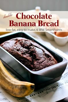 A moist rich dense low-fat chocolate banana bread infused with cocoa and speckled with miniature chocolate chips - 6 Weight Watchers Freestyle SmartPoints! #simplenourishedliving #weightwatchers #ww #wwfamily Cocoa, Bananas, Weight Watcher Banana Bread, Low Fat Desserts, Low Fat Chocolate, Healthy Desserts