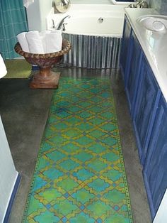 71 Best Interior Concrete Floors Images Floor Design Ground Stenciled Runner On A Concrete Bathroom Floor From Design Share Stylish Stencils Check Out The Corrugated Tub Surround