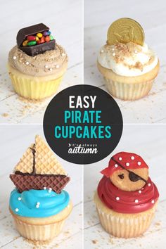 Easy pirate cupcakes! Learn how to make a treasure chest cupcake, pirate ship cupcake, gold dubloon cupcake, and pirate cupcake, all with real frosting (no fondant). Pirate Party, Mini Cakes, Cupcake Cakes, Fondant Cupcakes, Pirate Ship Cakes, Easy Pirate Cake, Pirate Ships, Fall Cupcakes