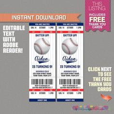 Baseball Birthday Party Invitation Free Printable Pinterest Baseball Ticket Invitation With Free Thank You Card Birthday Party Edit And Print Adobe Reader
