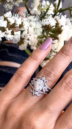 JEULIA 2.5 Carat Halo Solitaire Engagement Rings Women 925 Sterling Silver Floral Flower Rings White Diamond Eternity Band Ring Round Cut Bridal Ring Set Anniversary Promise Rings for Her