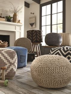 Yellow, 18 x 18 x 14 Cotton Pouf Handmade Macrame Ottoman for Living Room Bedroom Kids Room Farmhouse Rustic Accent Furniture The Knitted Co Footrest Round Bean Bag