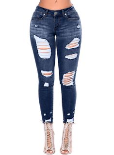 Rambling Womens Stretch Denim Distressed Mid-Rise Push up Skinny Ankle Ripped Jeans
