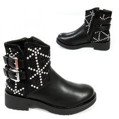 Biker Booties met Studs Enkellaarsjes met Decoratieve Banden en Ketting | Laarzen