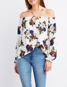 Off shoulder floral shirt,skinny jeans and Aquazzura, Amazon lace-up ... Floral Strappy Cold Shoulder Top