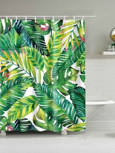 Green Banana Leaves Bathroom Decor Fabric Shower Curtain Set 71Inches-180X180CM