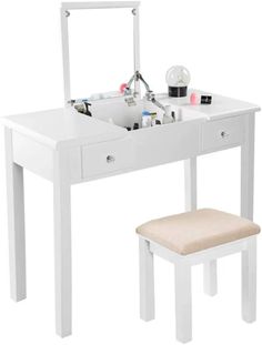 Chic Wooden Vanity Table Set for Girls Women CHARMAID Makeup Vanity Set with 6 Drawers White Dressing Table with Cushioned Stool and Unique Shape Mirror Modern Dresser for Bedroom Bathroom