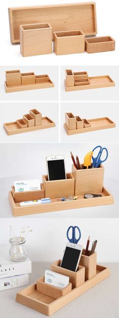 4 Compartments Wooden Office Desk Organizer Collection Smart Phone Dock Holder Pen Pencils Holder Business Card Stand Holder Desk Supplies Stationary Organizer Set Stationary Organization, Desktop Organization, Organization Ideas, Diy Desktop Organizer, Desk Organizer Set, Office Desks