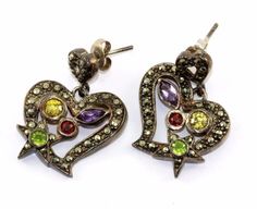 Vintage Pear Shape Filigree Style CZ Inlay Drop Dangle Earrings Sterling Silver ER 862
