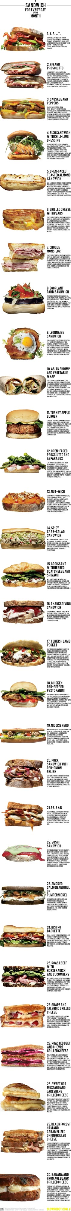 A sandwich for every day of the month. Holy shit. Brunch, Sandwich Recipes, Toast, Sandwiches, Burgers Sandwiches, Sandwich Wraps