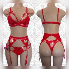 Black Red Glamour Half Cup Bra Suspender Belt Matching Thong Lingerie Set
