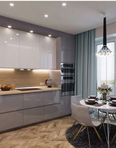 cozinha em laca alto brilho; cozinha cinza e branca; piso em escama de peixe; Luxurious Kitchen Design, Modern Kitchen Cabinet Design, Contemporary Kitchen Design, Kitchen Furniture Design, Kitchen Room Design, Kitchen Design Small, Home Decor Kitchen, Interior Design Kitchen, Kitchen Ideas