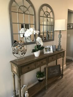 Farmhouse inspired entry way. #entryway #homedecorideas Overstock entry table with home goods items Rustic Home Decor