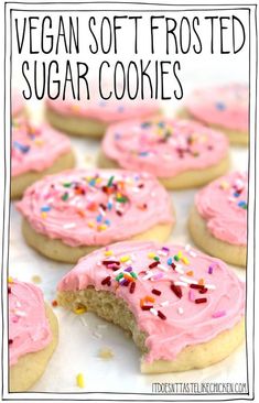 Vegan Soft Frosted Sugar Cookies: pillowy soft, cakey, frosted cookies- they are almost like the top of a cupcake that got smushed into a cookie complete with frosting and sprinkles! Decorate them for any occasion, birthdays, Christmas, Halloween, Thanksgiving, Valentine's day, weddings, baby showers. Egg free, dairy free, and pretty easy to make! #itdoesnttastelikechicken #veganrecipes #vegandesserts #vegancookies