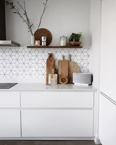 white matte kitchen with wooden chopping boards | open shelf | cube tiles and concrete floor Trendy Kitchen, Modern Kitchen, Kitchen Decor, Kitchen Wood, Kitchen White, Kitchen Marble, Kitchen Colors, Kitchen Window