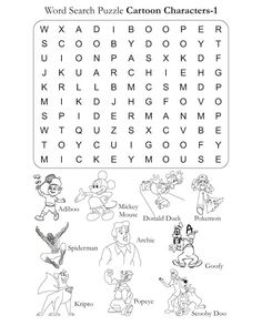 Word Search Puzzle Cartoon Characters 1 | Free word search puzzles