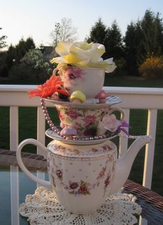 Stacked Teapot with Mixed Blooms and Greenery