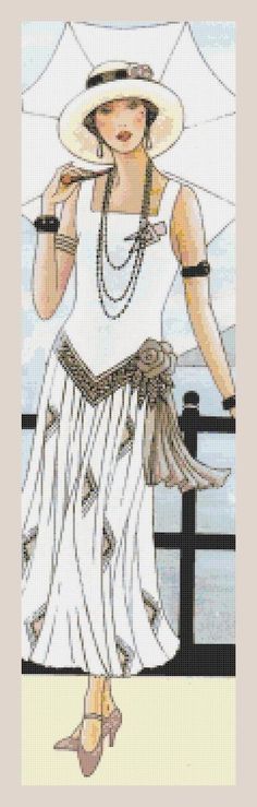 ART DECO CROSS STITCH CHART - LADY IN WHITE WITH UMBRELLA, chart no9B