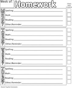 weekly homework assignment sheet template