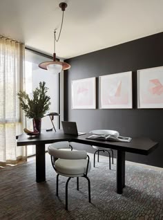 Home Office Ideas This Modern Home Office Has A Black Accent Wall That Complements The Desk While Light Colored Artwork And Floor To Ceiling Windows Helps To Keep The Room Bright Homeofficeideas Blackwall