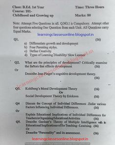 8 व कक ष प रश न पत र 2017 2018 नम B Ed Crsu Mdu Childhood And Growing Up Model Test Sample Question Paper 2018