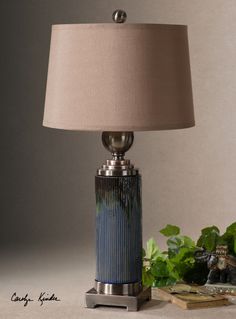 GLOSSY BLUE CERAMIC DRIP FINISH TABLE LAMP LINEN SHADE READING DESK LIGHT