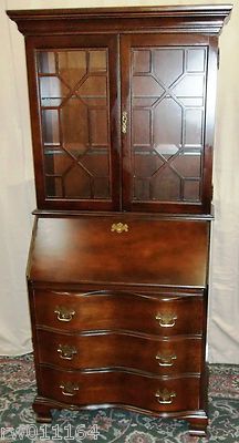 Antique Drop Front Secretary Desk With Hutch Vintage Jasper Mahogany Secretary Desk Lighted Cabinet W 3 Drawers Cubbies