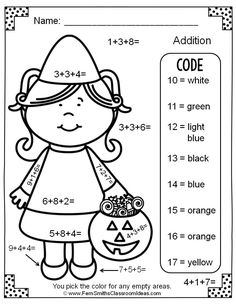 FREE Color By Numbers Halloween Addition With Three Addends Number WorksheetsHalloween Math