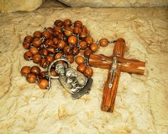Hand Crafted Olive Wood Wall Rosary with Holy Land Stone.